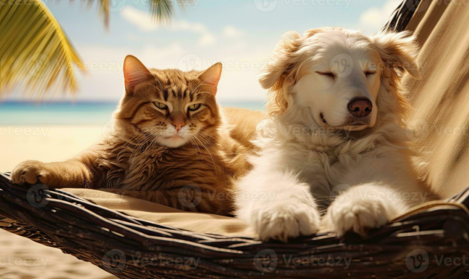 Peaceful beach scene with a playful dog and relaxed cat. AI generative. photo