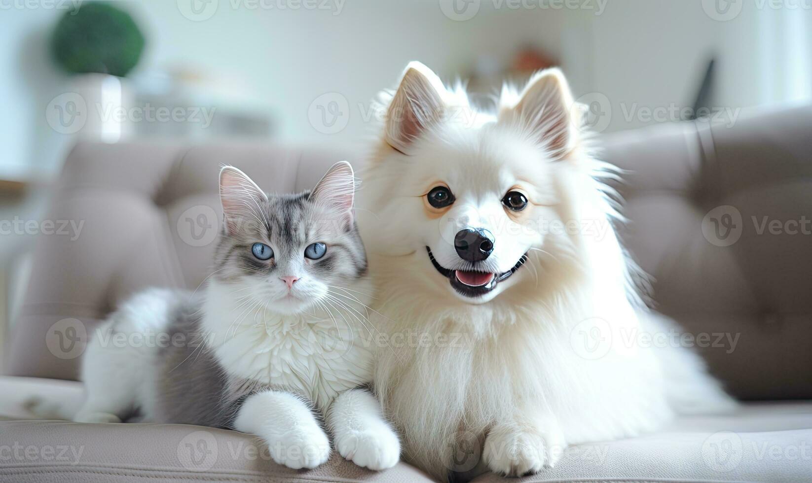 In a serene living room, two adorable pets, a dog and a cat. AI generative. photo