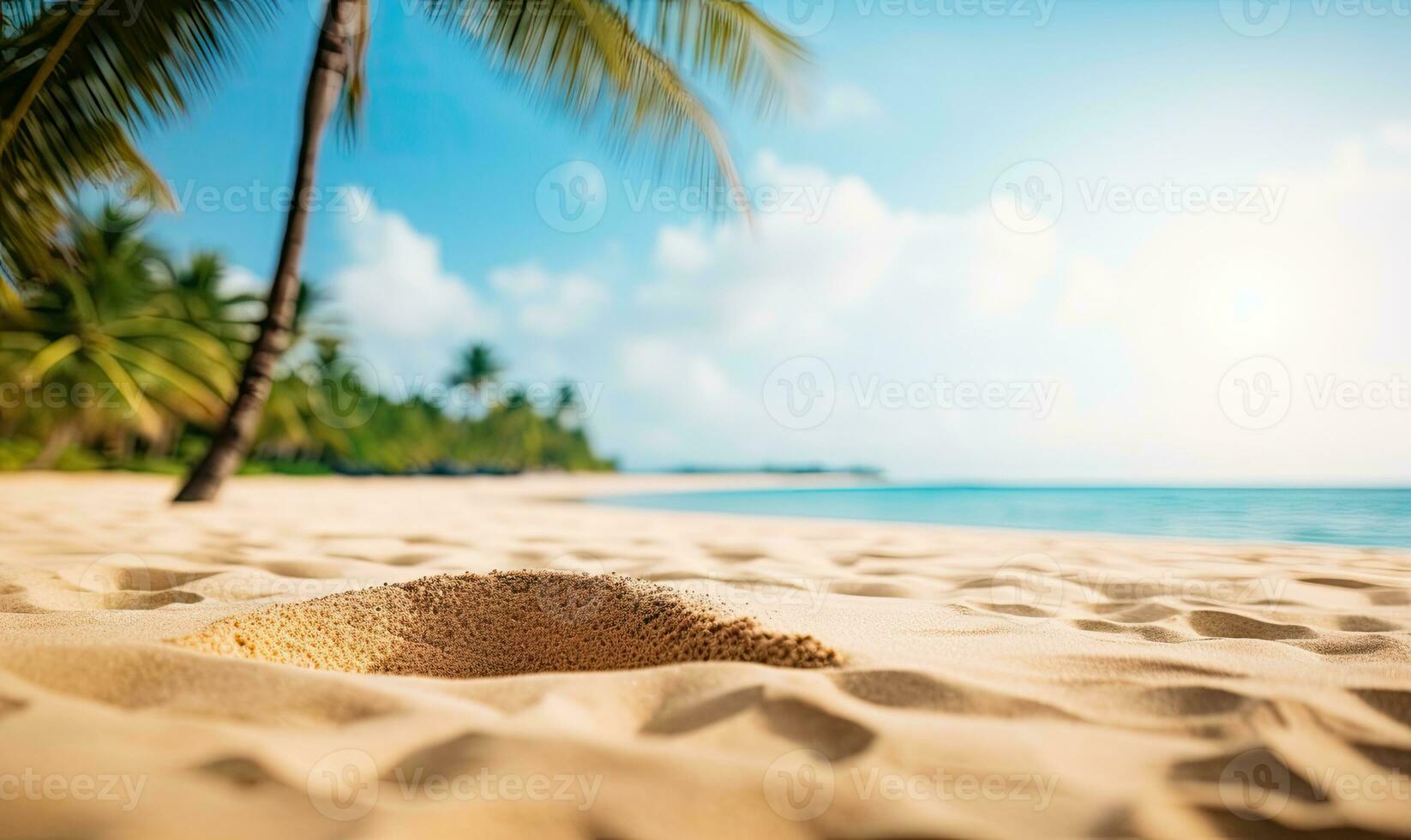 Sunlit sand foreground with a soft-focus palm tree. AI generative. photo