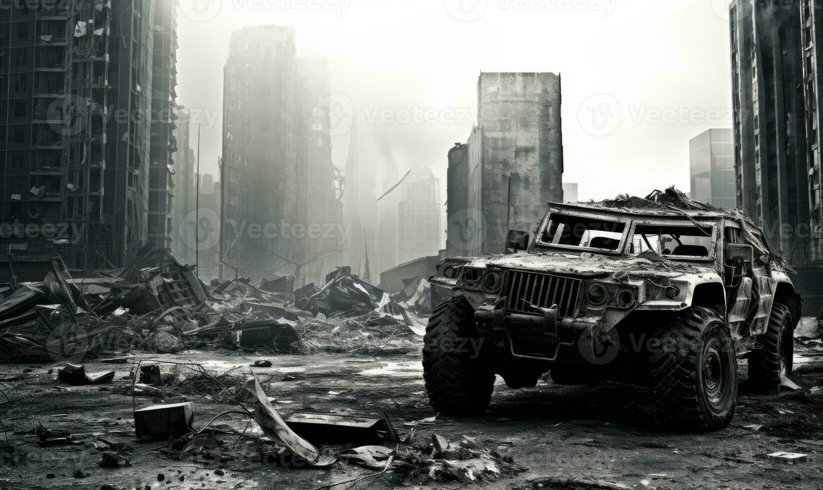 Burnt-out military vehicle. AI generative photo