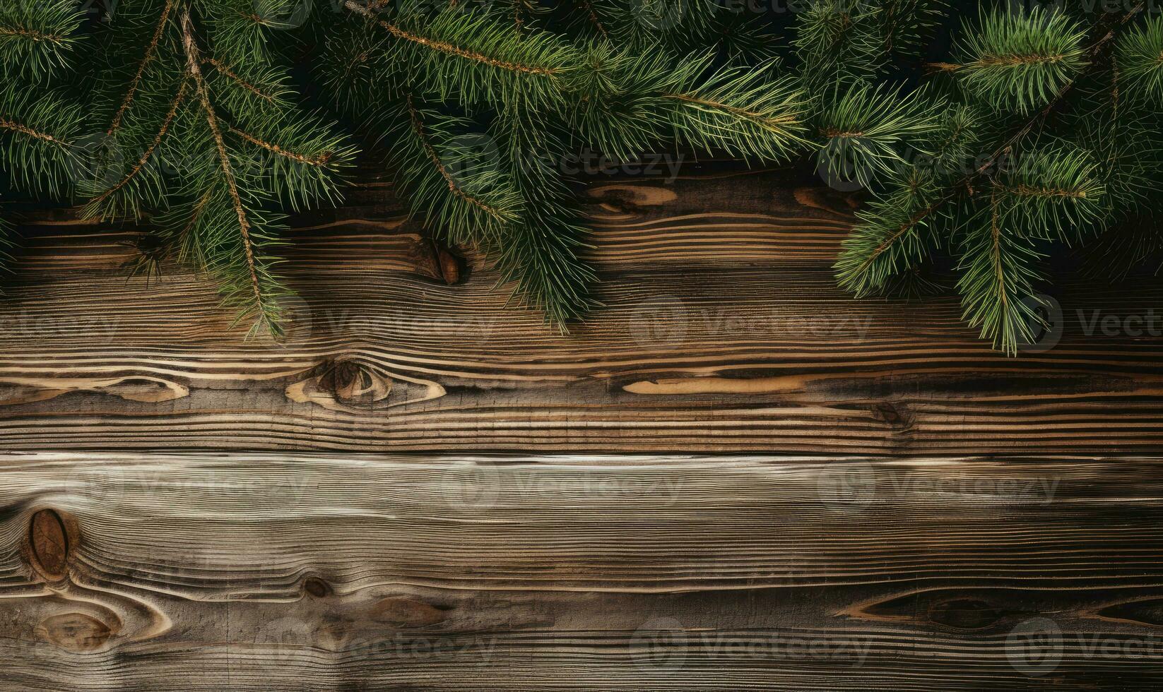 On a textured wooden surface, fresh pine branches. AI generative. photo