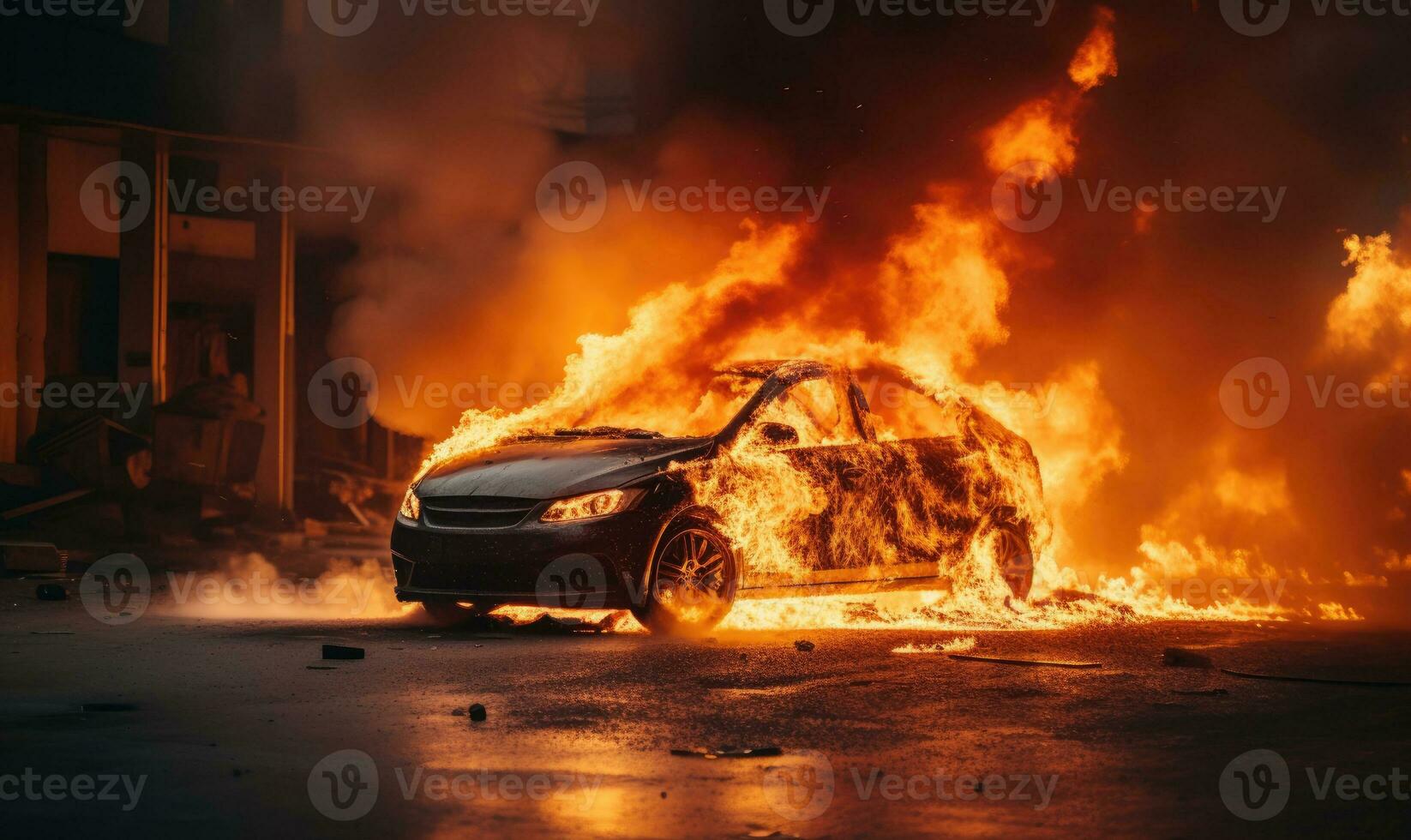 Burning car emitting thick smoke on a street. AI generative photo