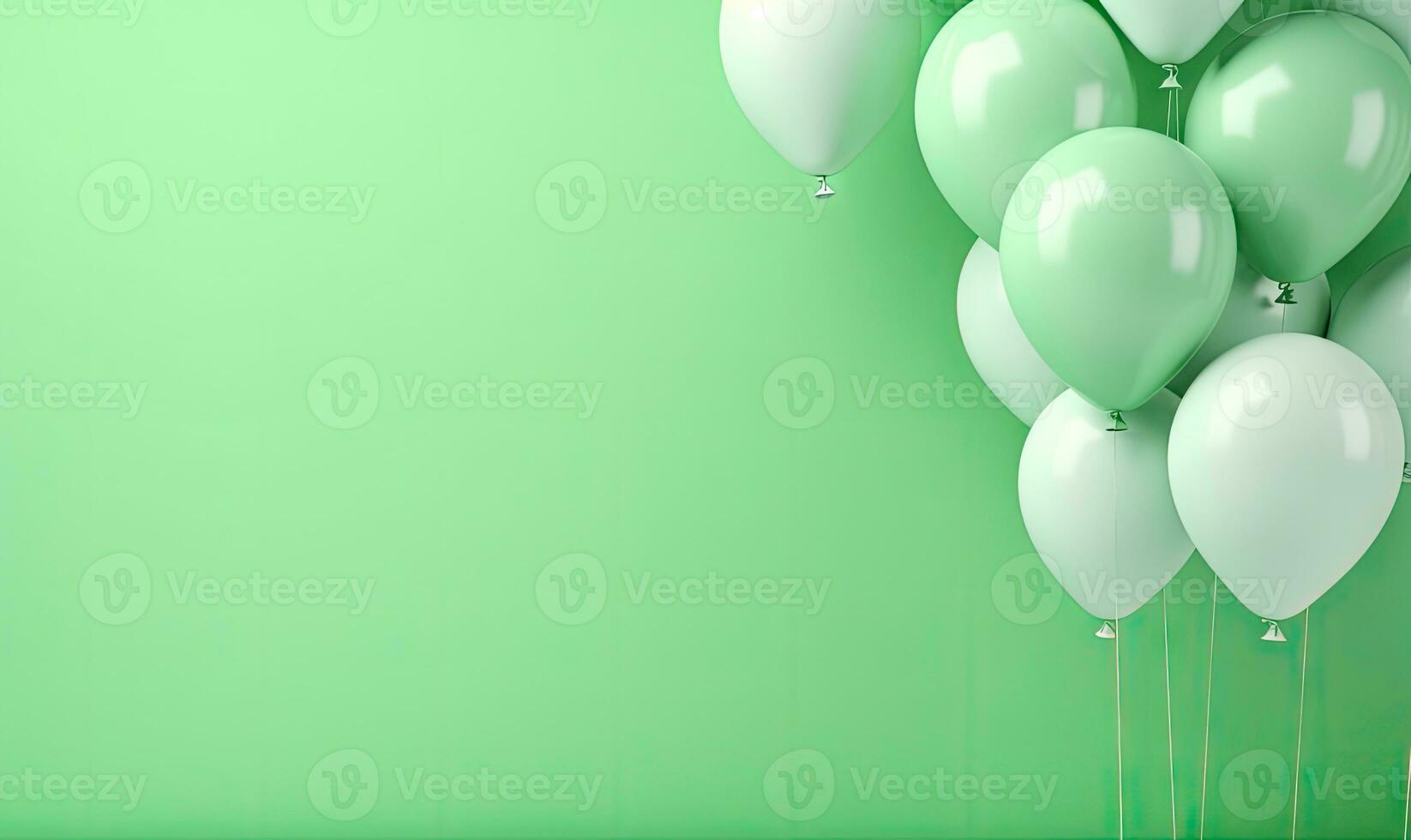 Celebratory white and green balloons float against a vivid green backdrop. AI generative. photo