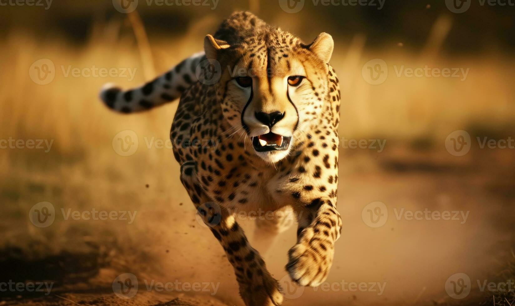 Majestic cheetah sprints across a dusty desert road. AI generative. photo