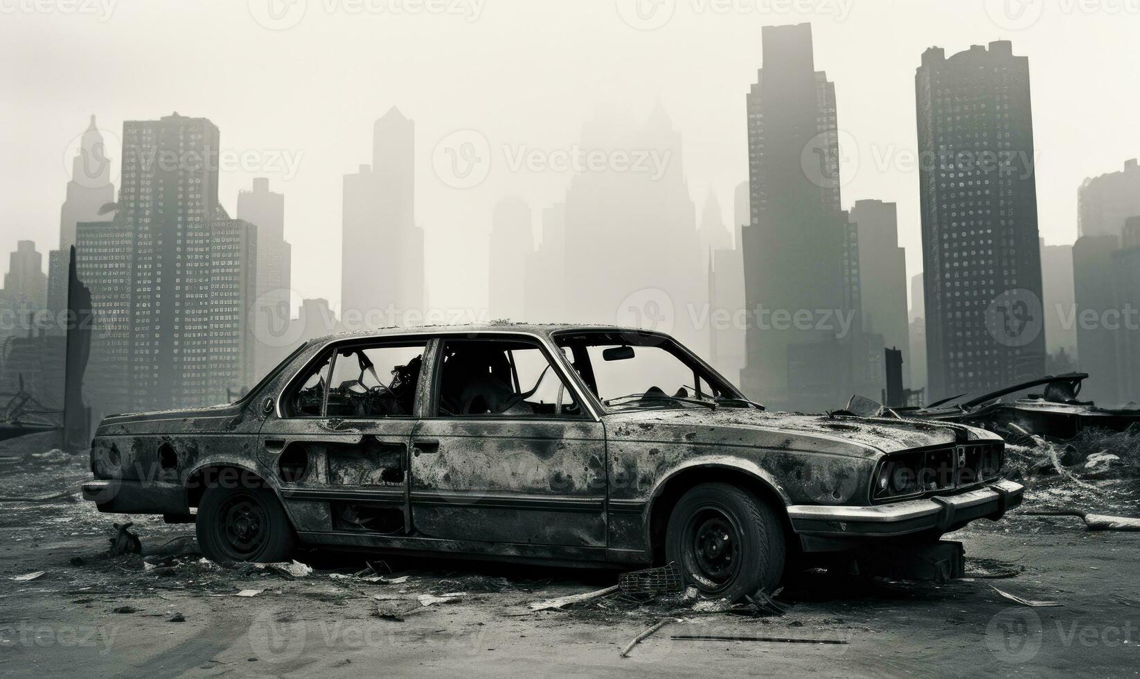 Abandoned, wrecked car in a city. AI generative. photo