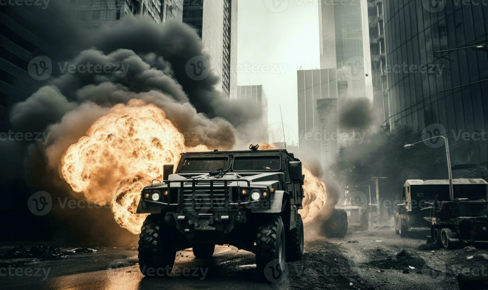 Fiery explosion engulfs a military vehicle amidst a dark. AI generative. photo