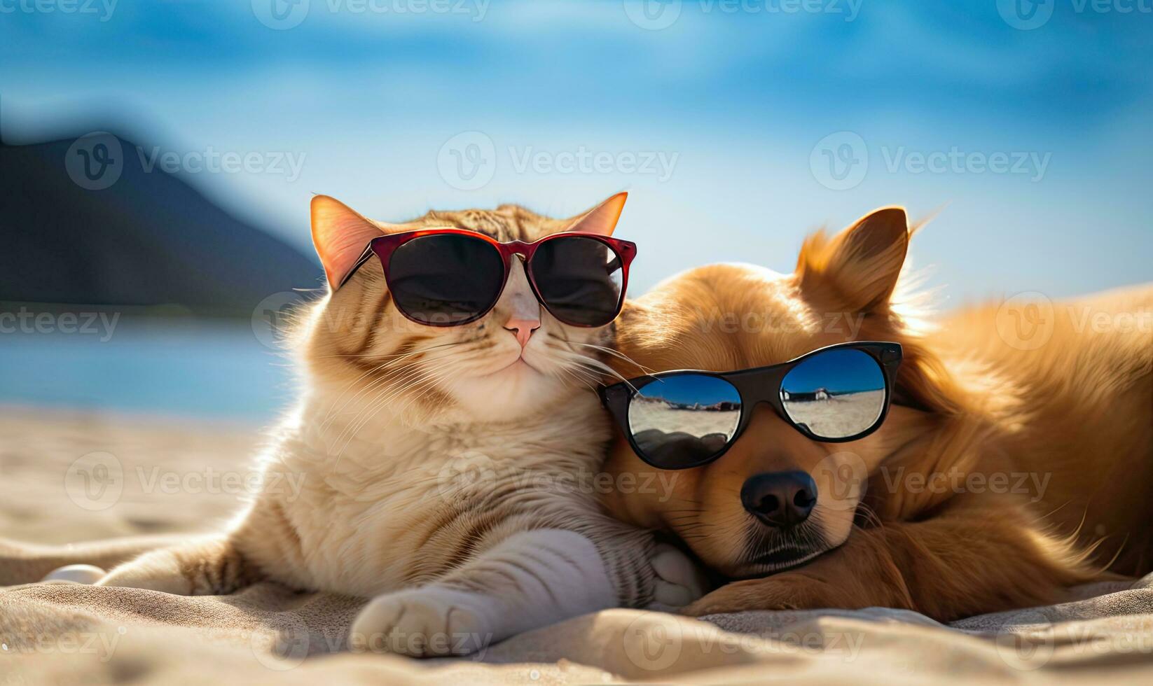 Peaceful beach scene with a playful dog and relaxed cat. AI generative. photo
