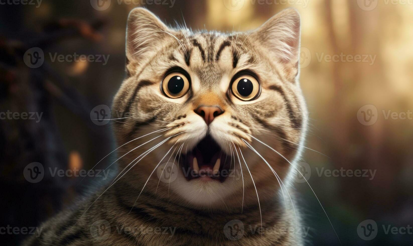 Shocked cat with wide-open mouth. AI generative photo