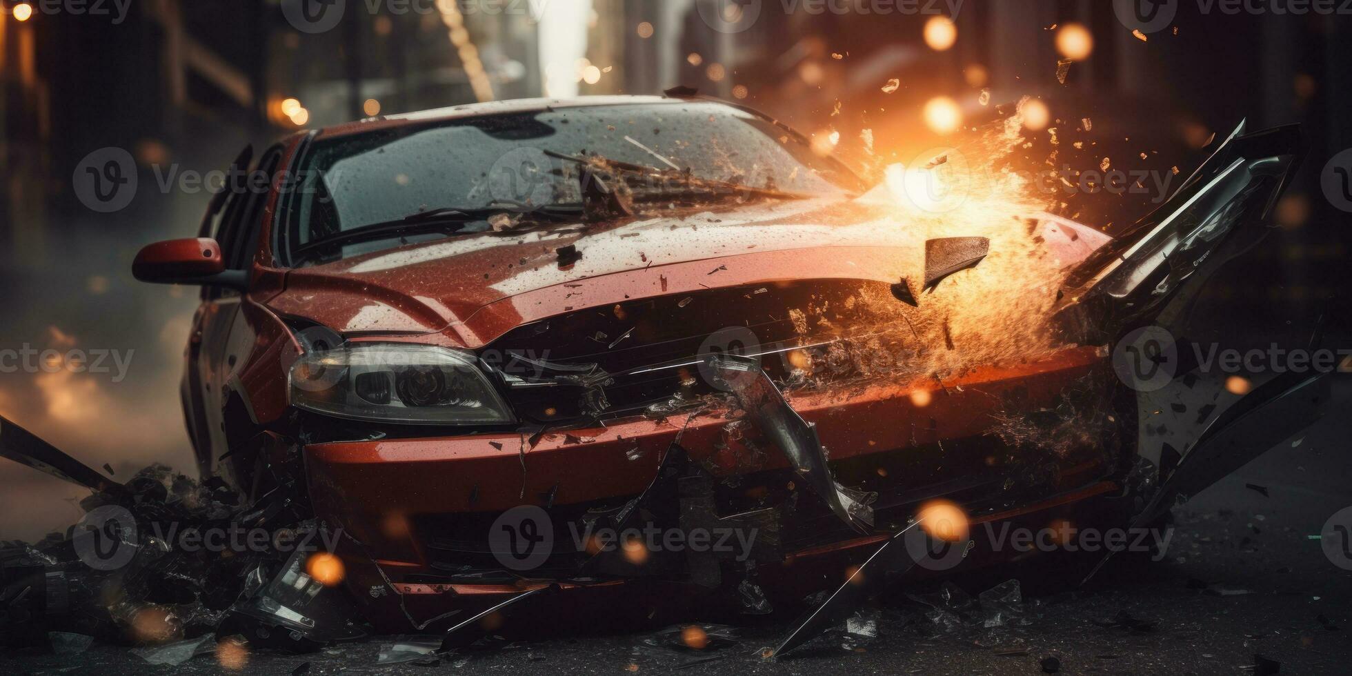 Crushed, dented vehicle conveys a stark image of accident. AI generative. photo