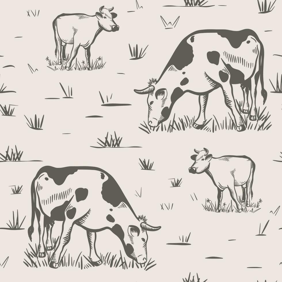 Cows grazing on meadow ink sketch seamless pattern vector