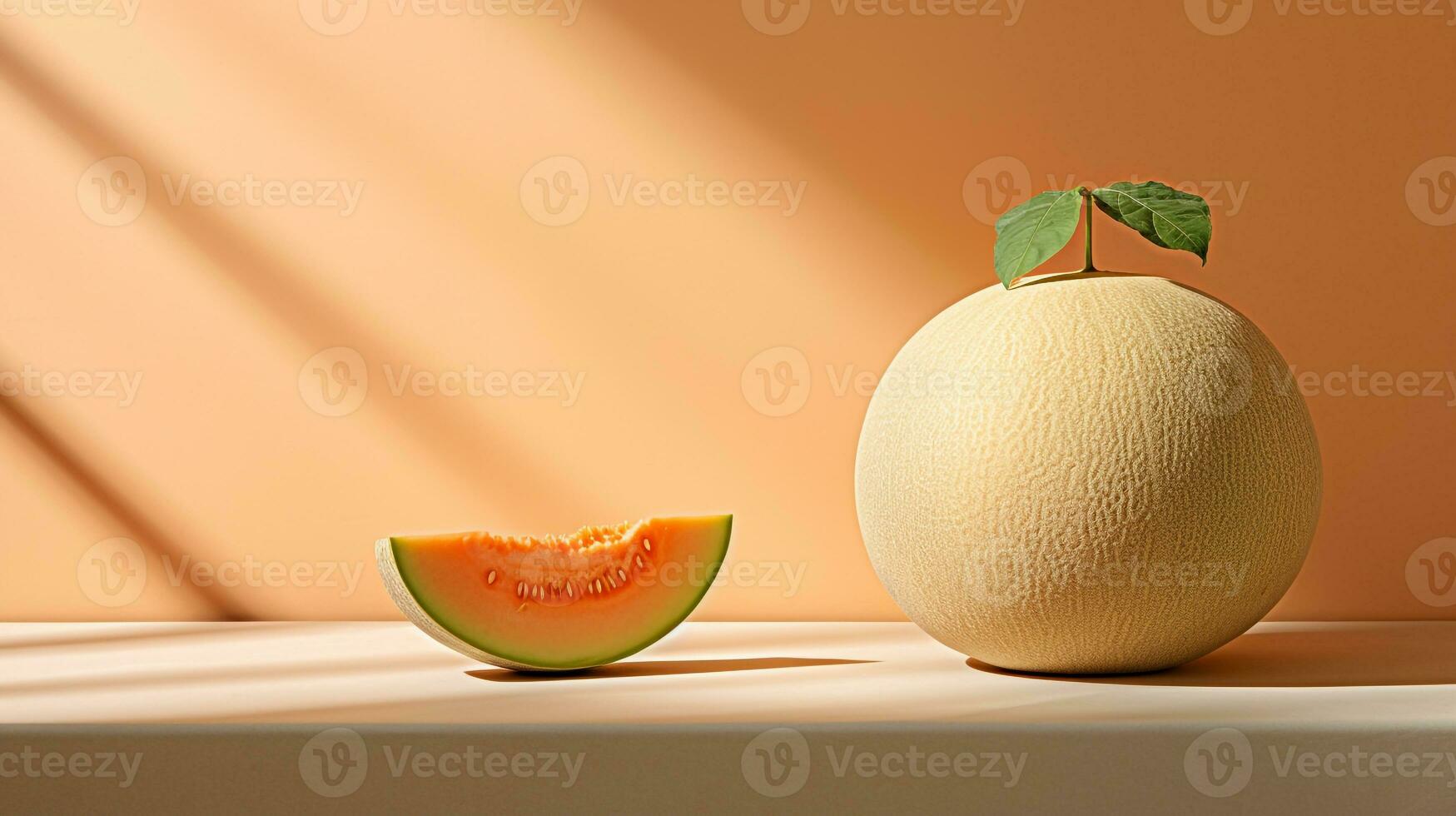 Photo of Cantaloupe on a minimalist table. Generative AI