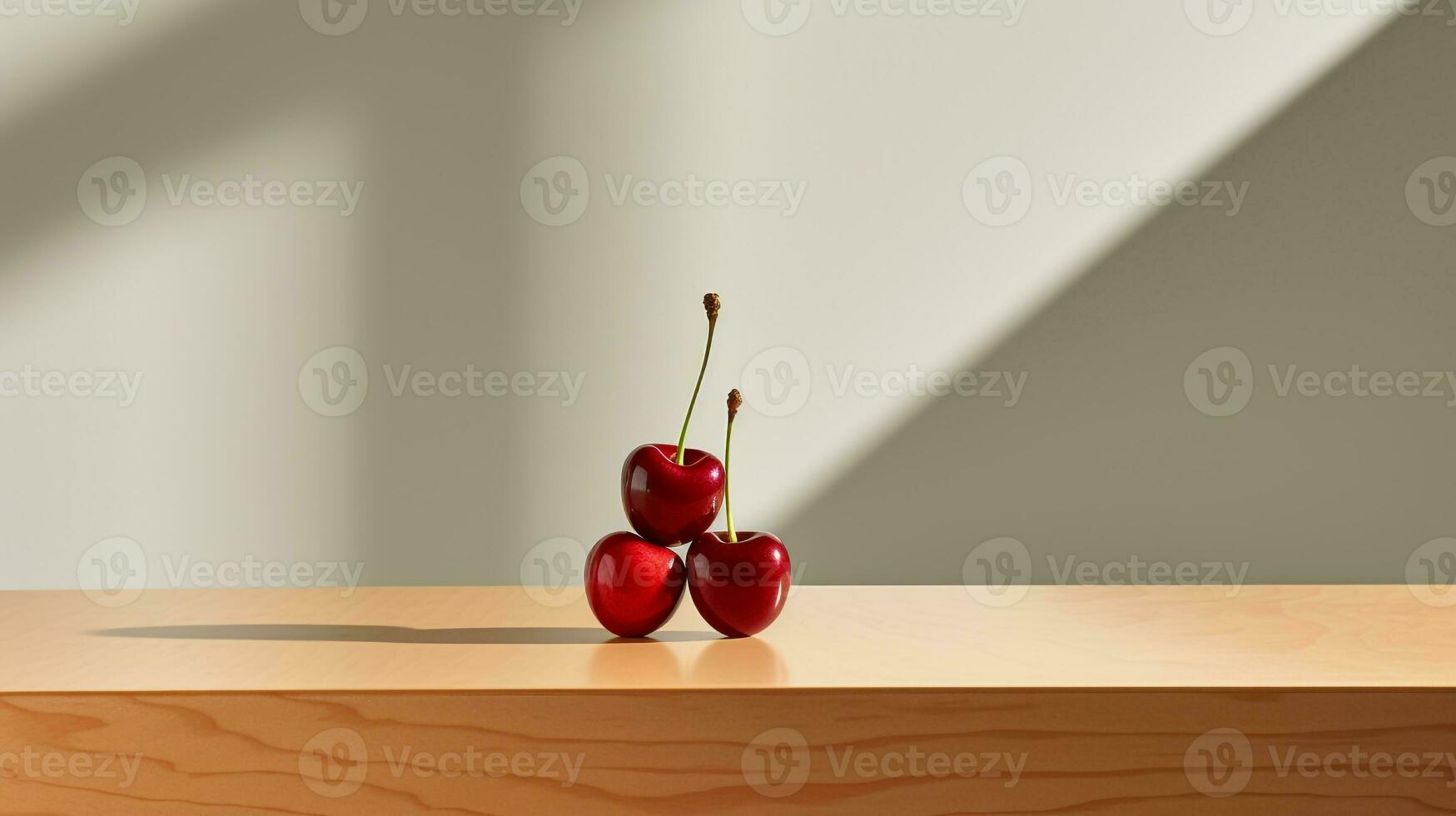 Photo of Cherry on a minimalist table. Generative AI