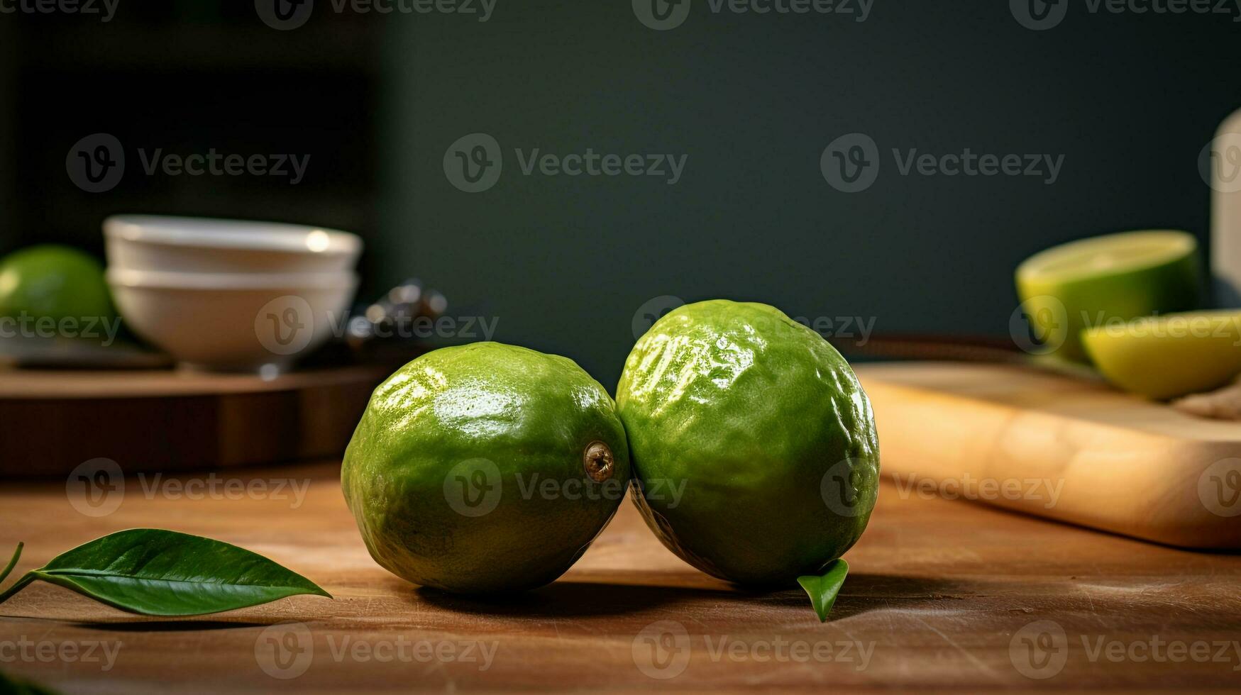 Photo of Feijoa on a minimalist table. Generative AI