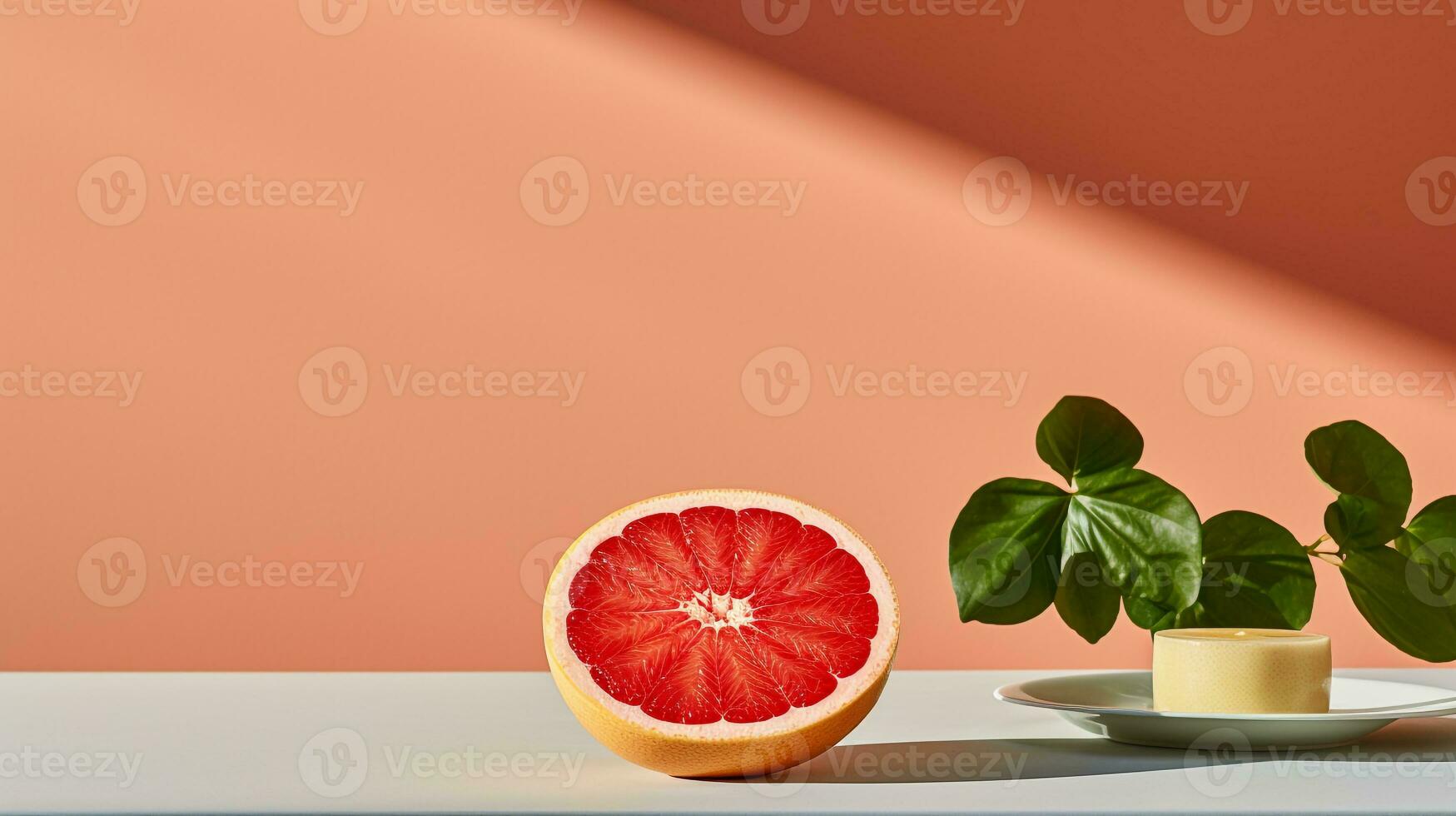Photo of Grapefruit on a minimalist table. Generative AI
