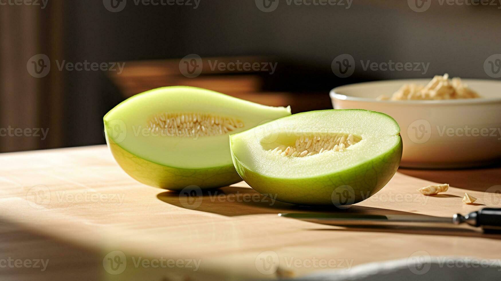 Photo of Honeydew on a minimalist table. Generative AI