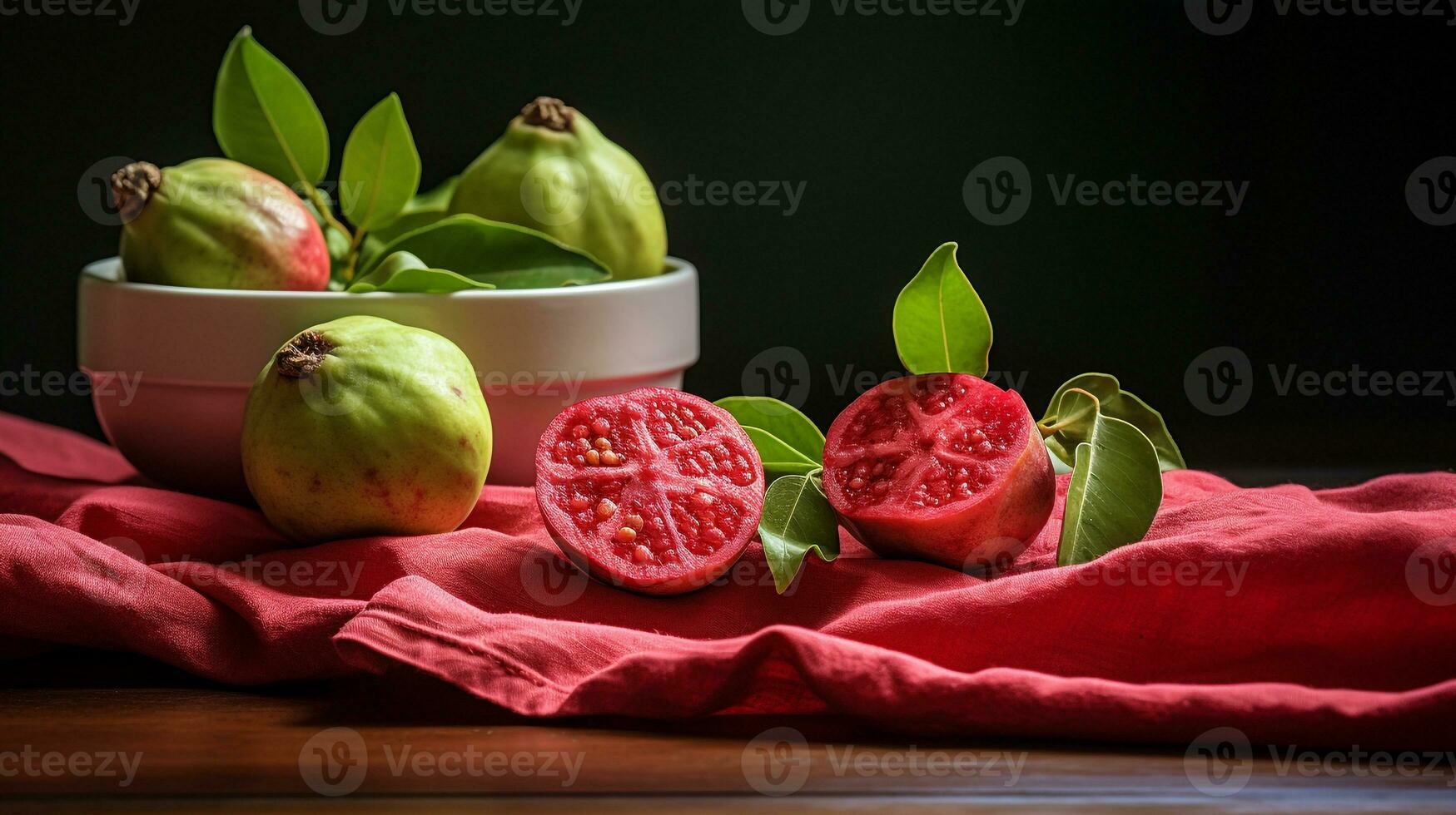 Photo of Guavaberry on a minimalist table. Generative AI