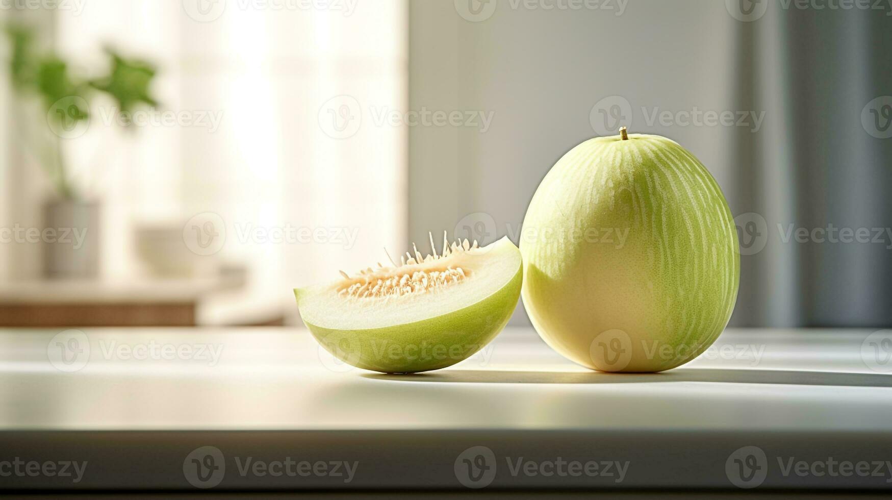 Photo of Honeydew on a minimalist table. Generative AI