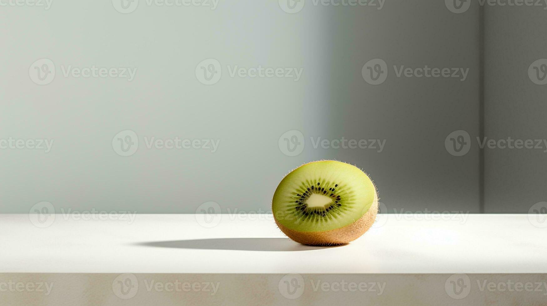 Photo of Kiwi on a minimalist table. Generative AI