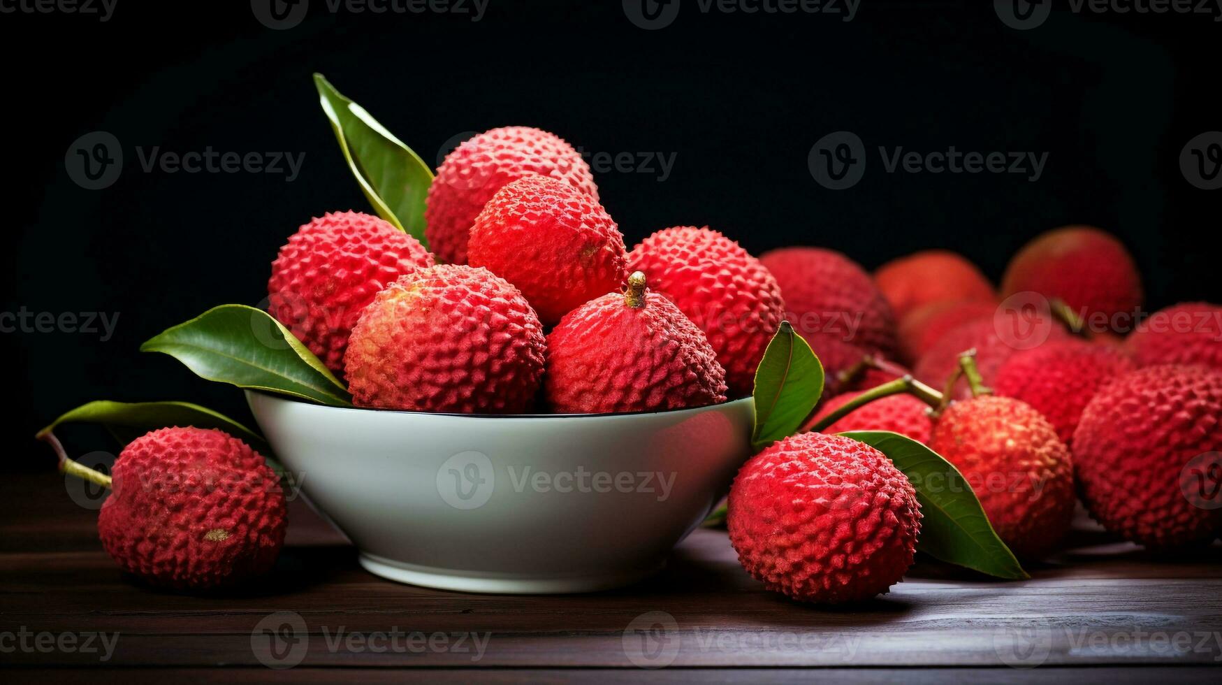 Photo of Lychee on a minimalist table. Generative AI