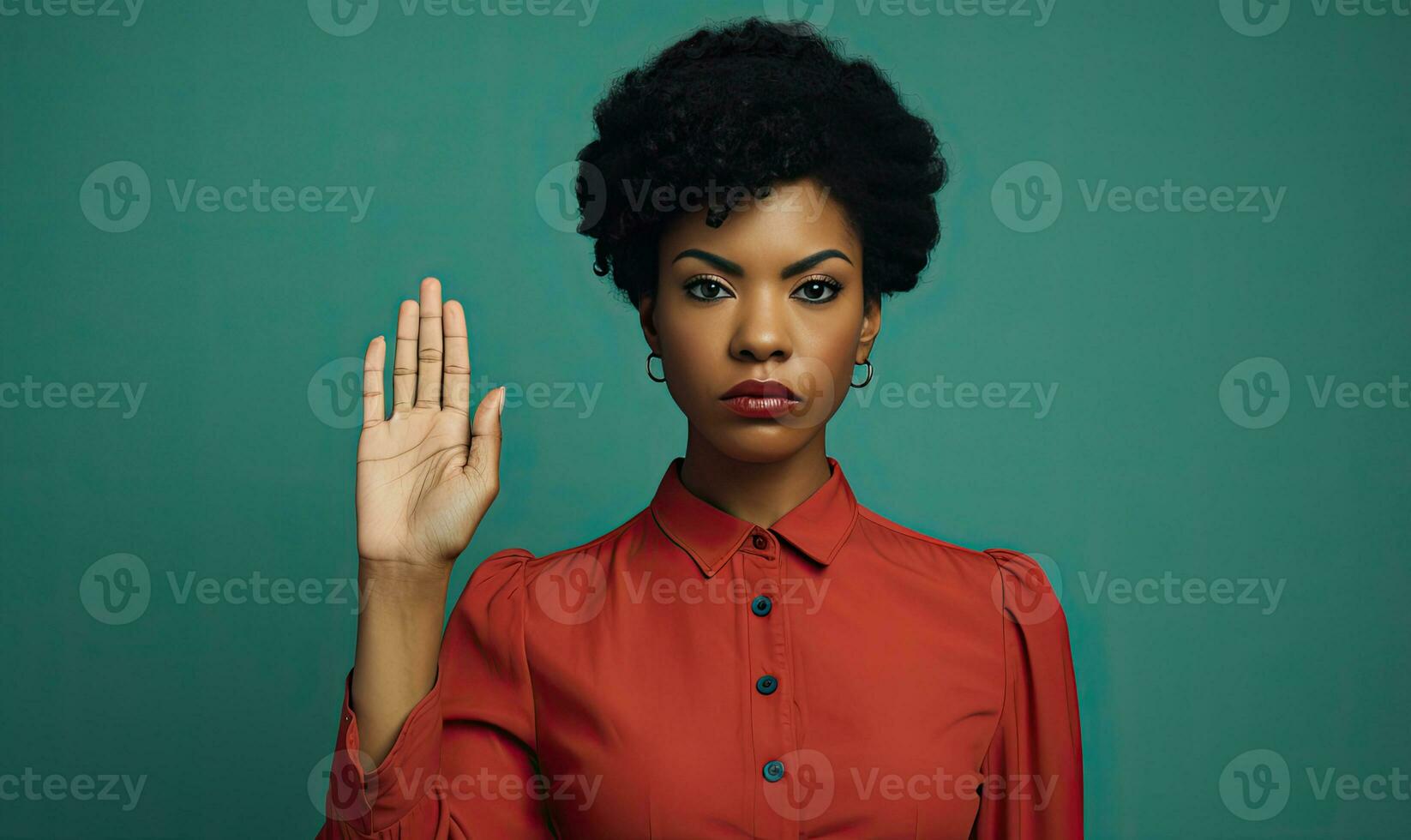Woman black confidently displaying a stop hand sign, AI generative. photo