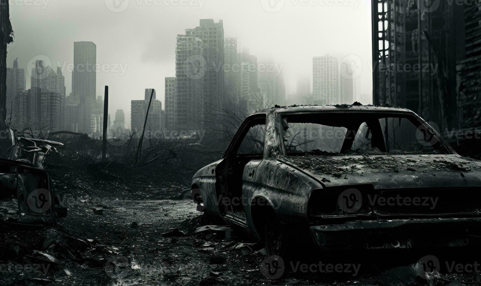 Burnt-out police car in an a city street backdrop. AI generative. photo