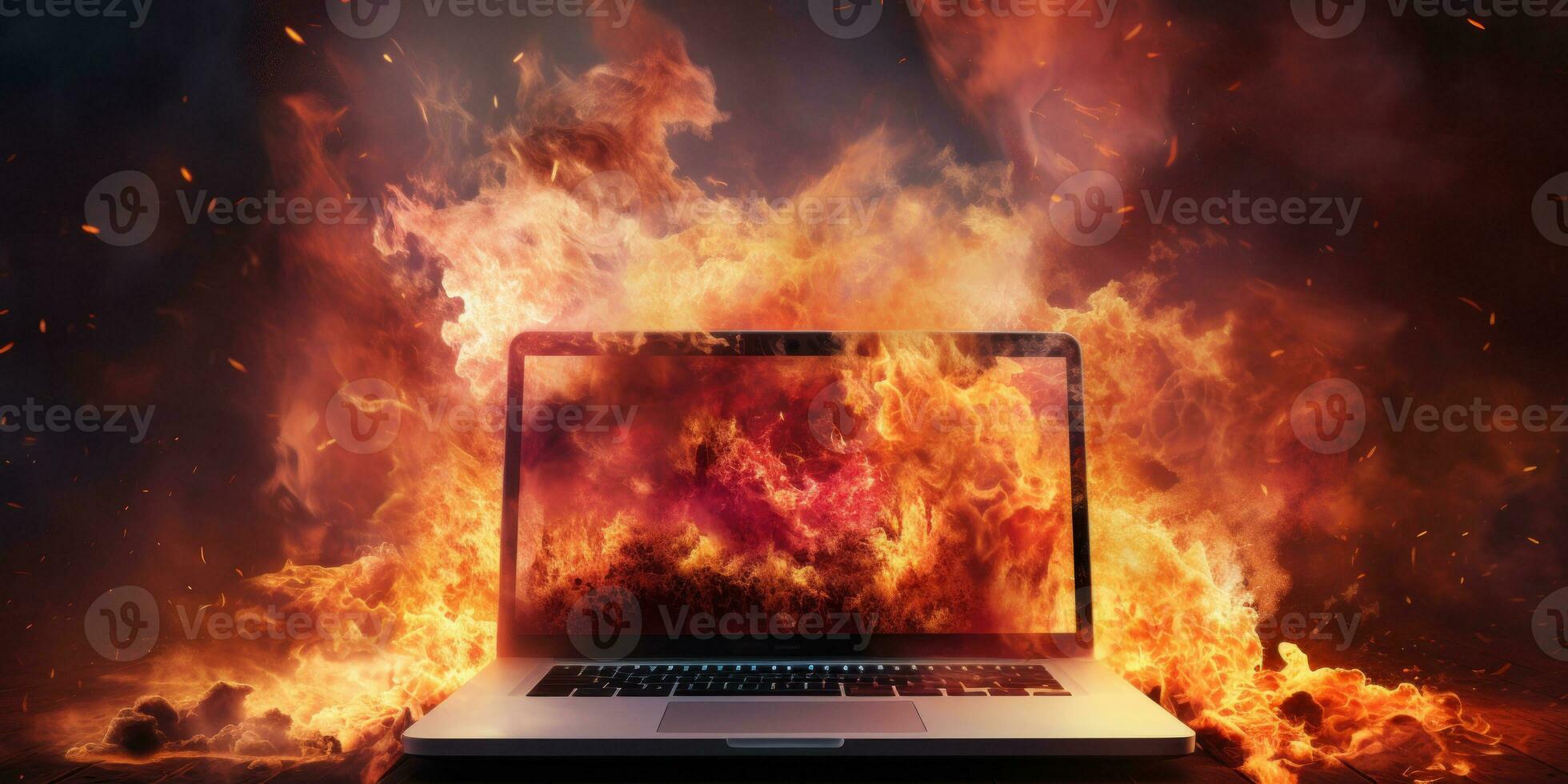 Laptop fiercely burning and smoking. AI generative. photo