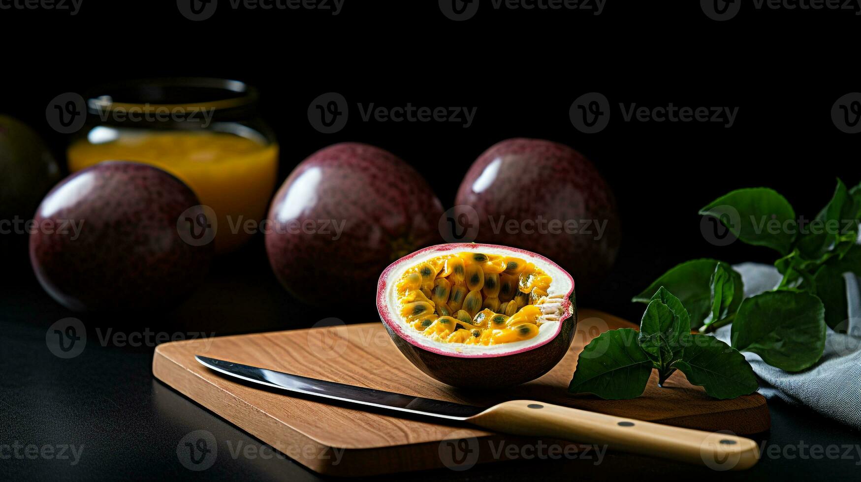Photo of Passion fruit on a minimalist table. Generative AI