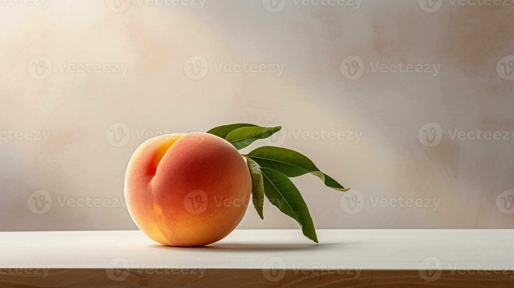 Photo of Peach on a minimalist table. Generative AI