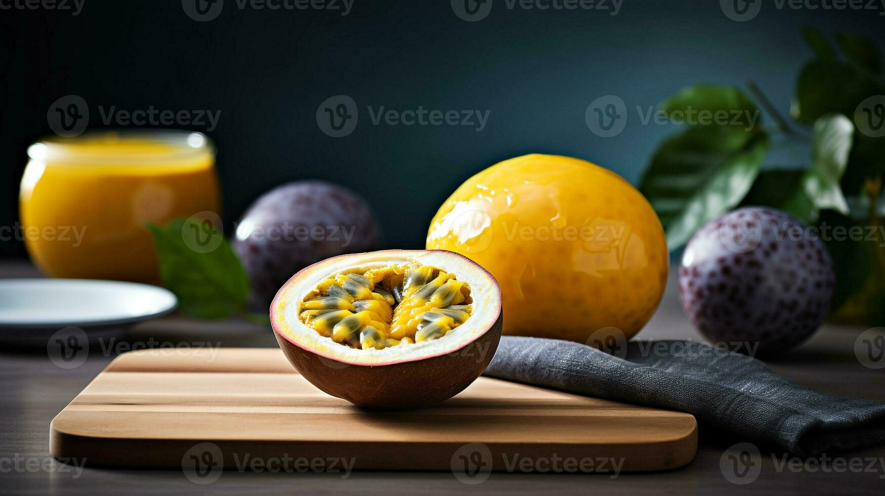 Photo of Passion fruit on a minimalist table. Generative AI