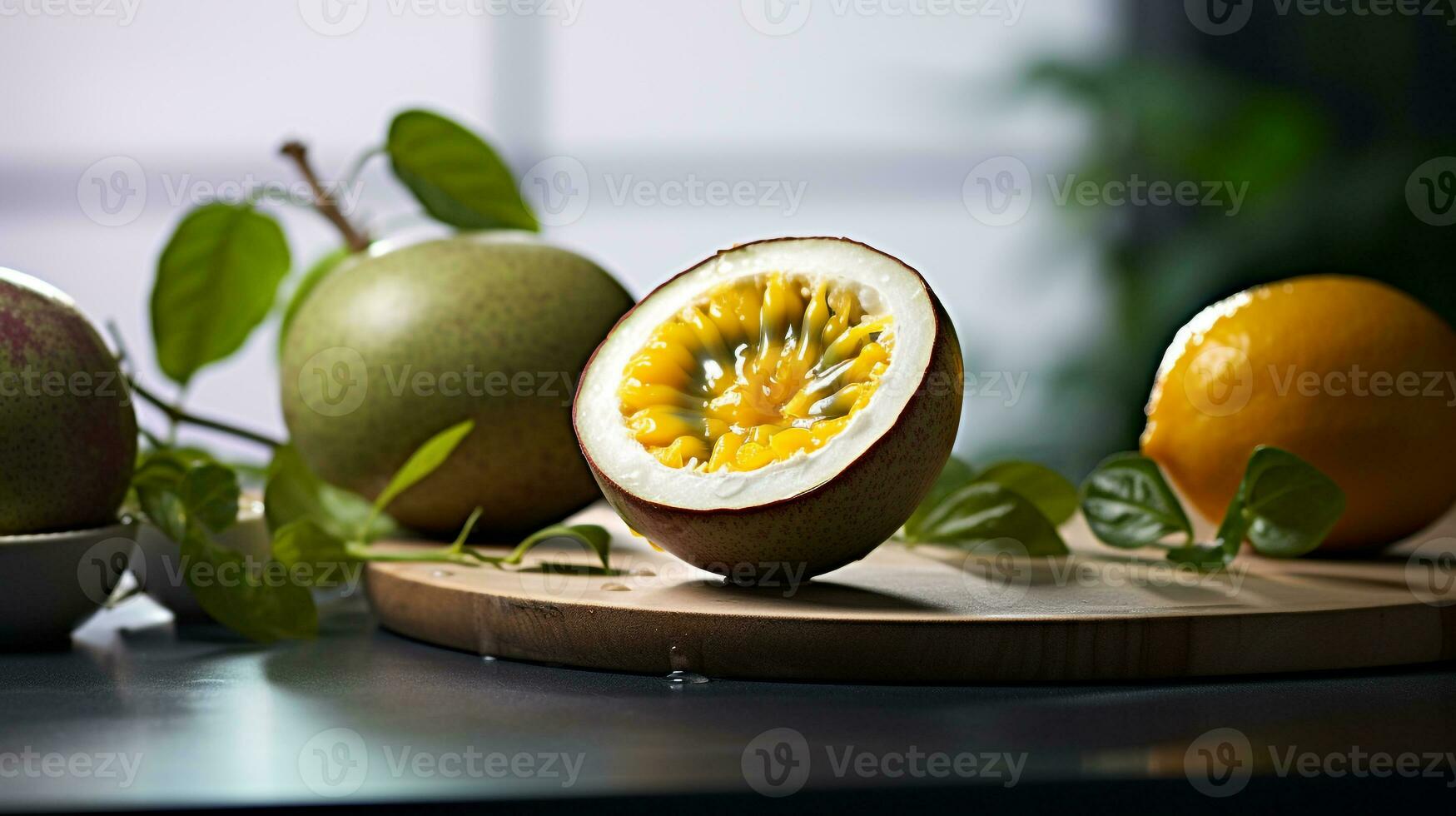 Photo of Passion fruit on a minimalist table. Generative AI