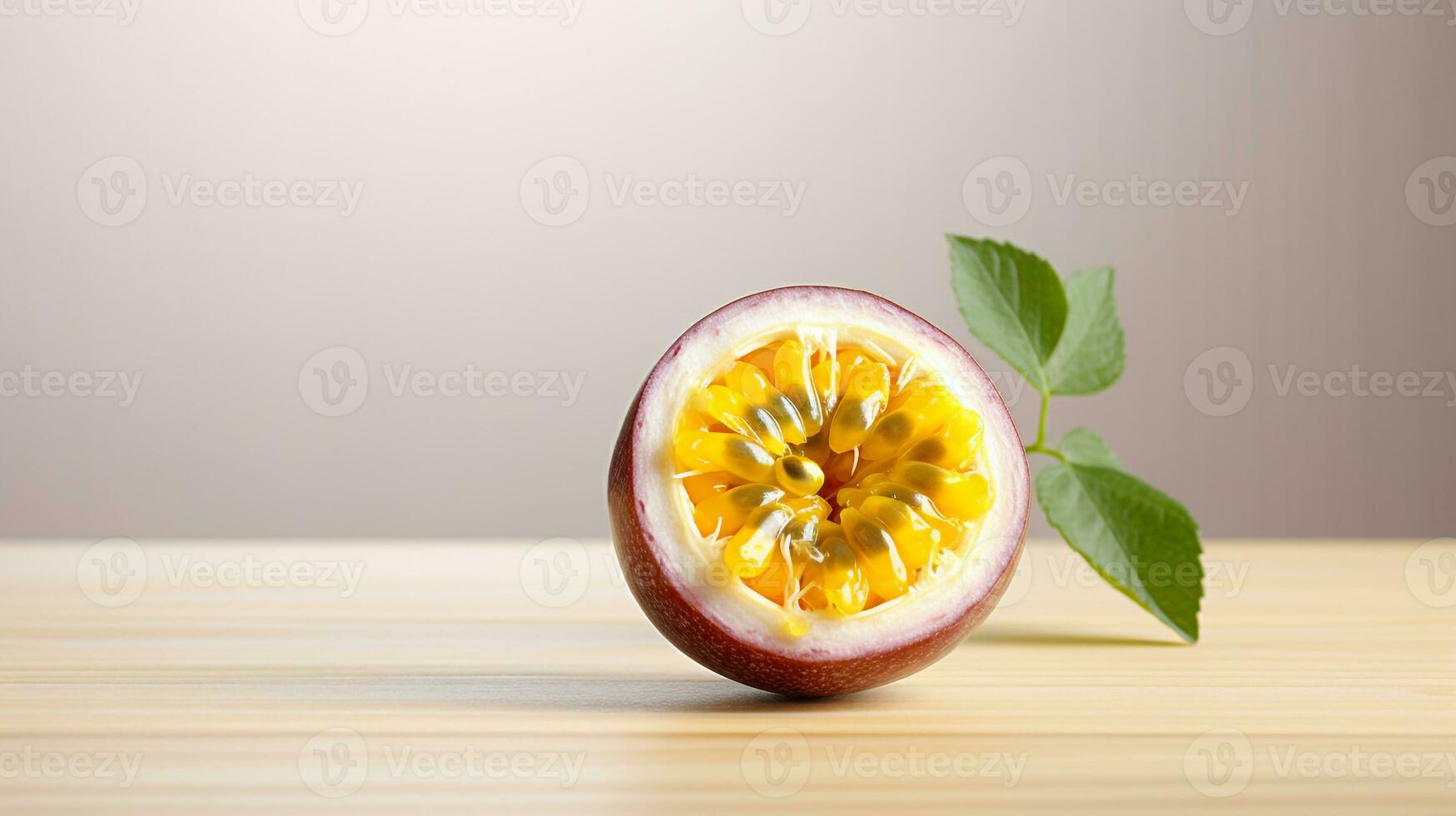 Photo of Passion fruit on a minimalist table. Generative AI