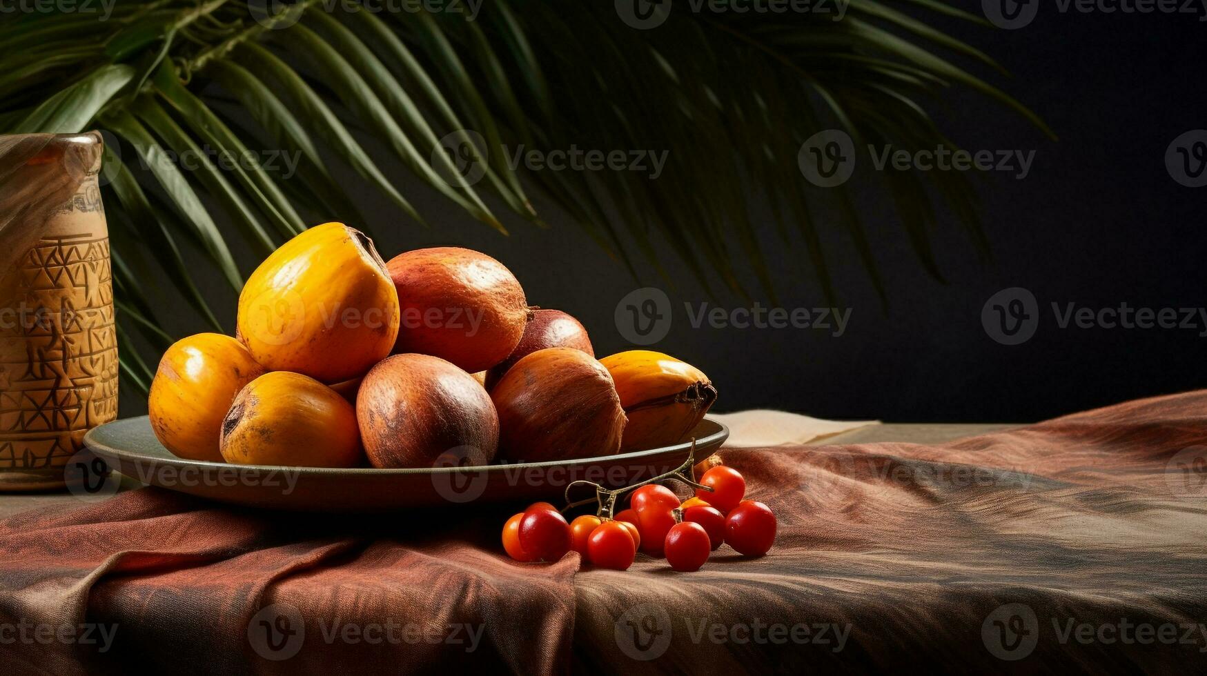 Photo of Palm fruit on a minimalist table. Generative AI