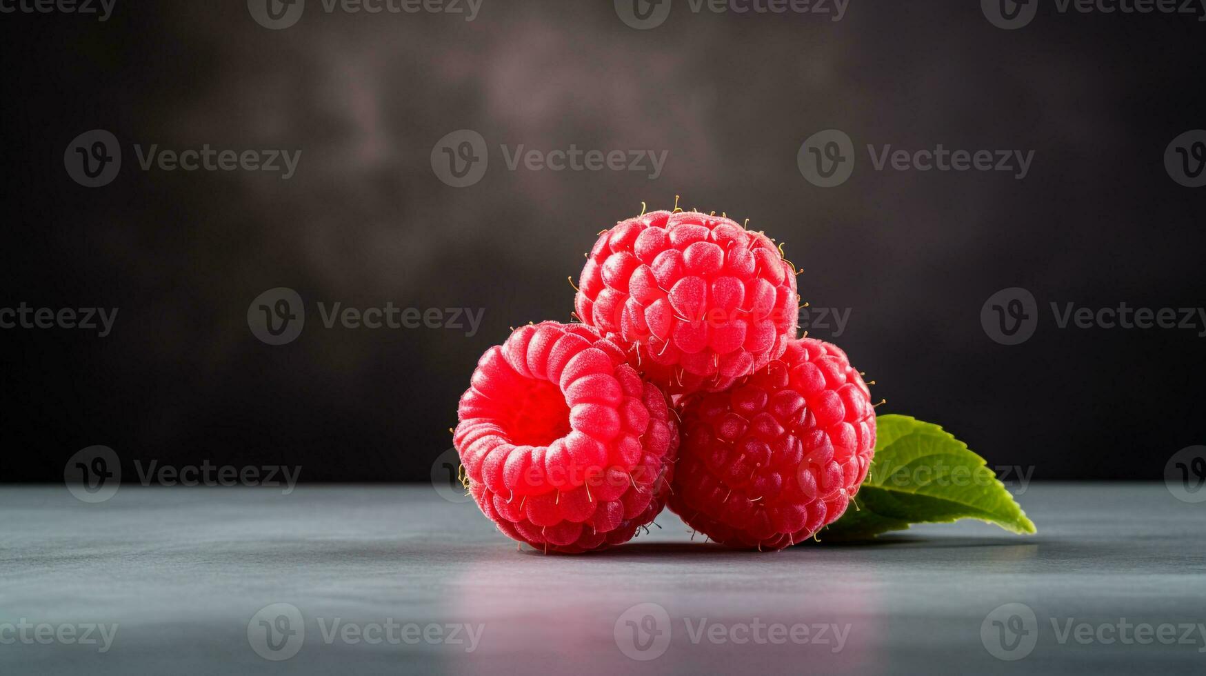 Photo of Raspberry on a minimalist table. Generative AI