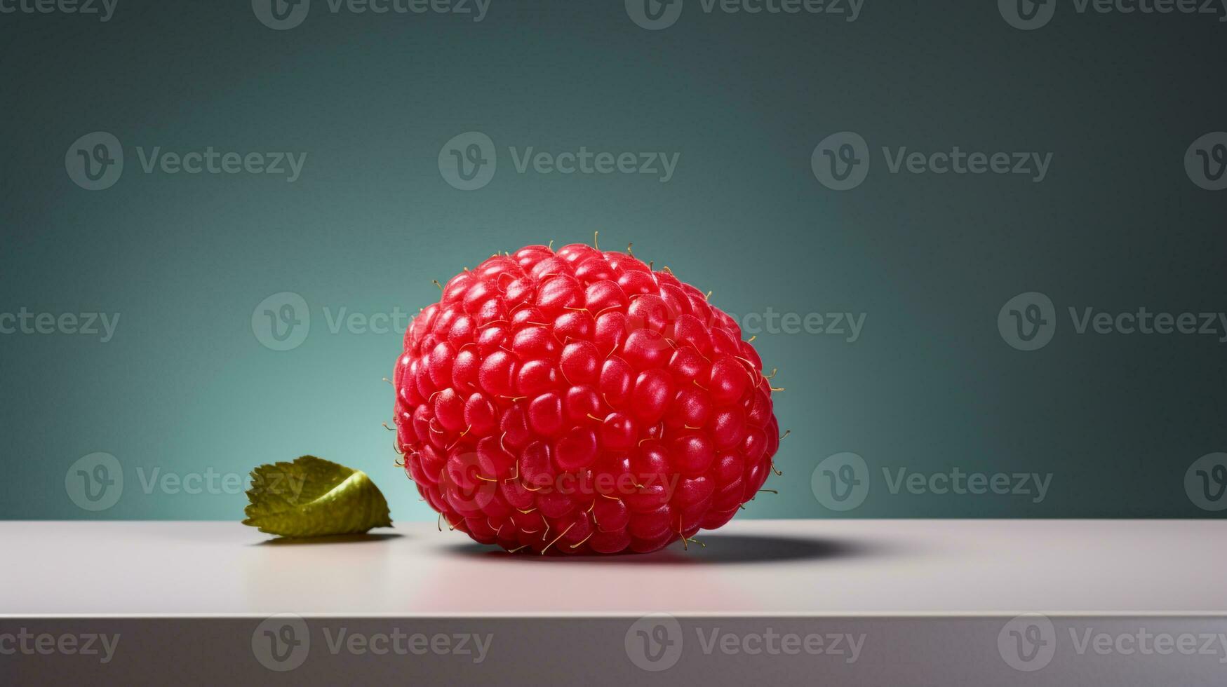 Photo of Red raspberry on a minimalist table. Generative AI