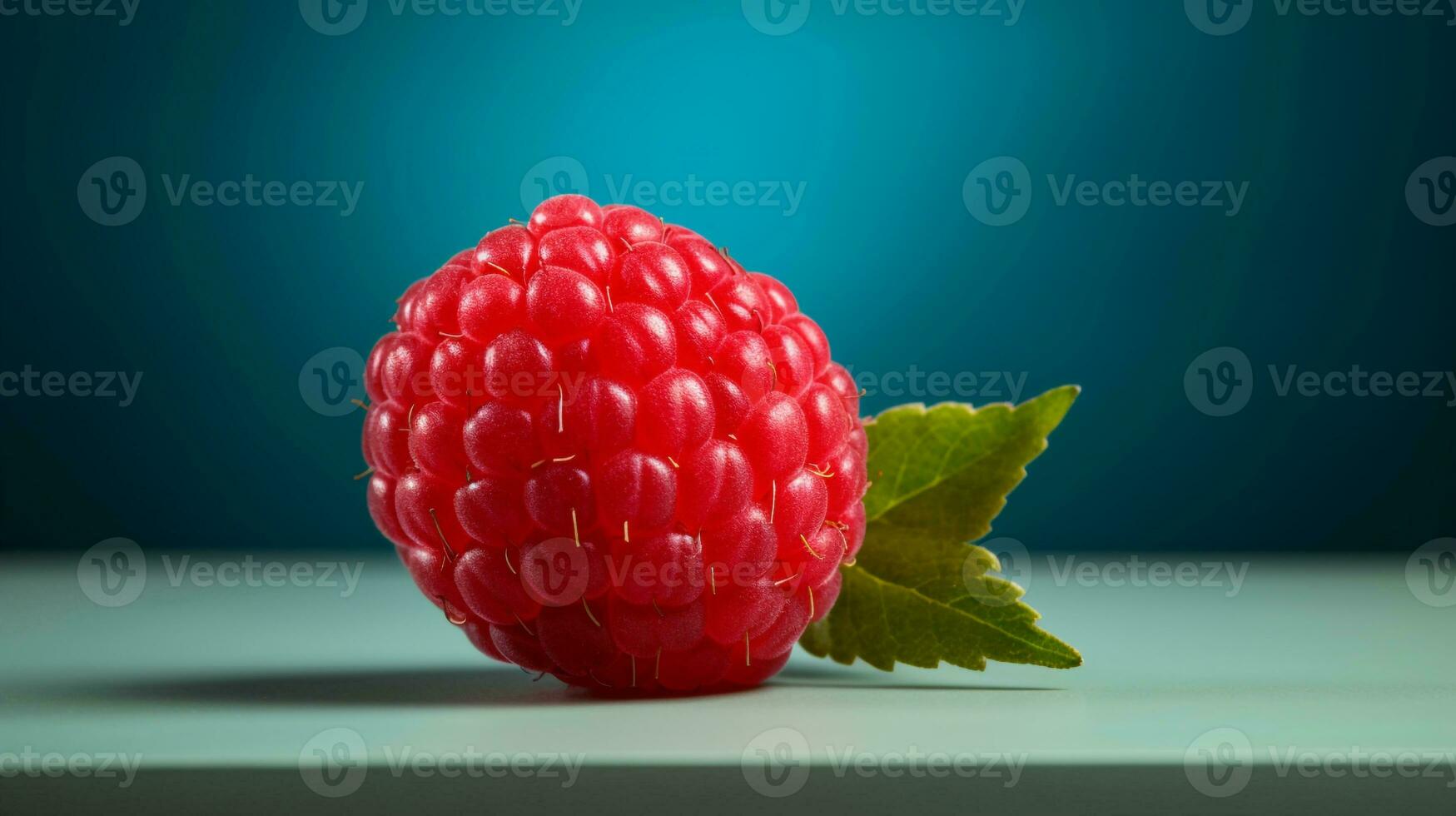 Photo of Red raspberry on a minimalist table. Generative AI
