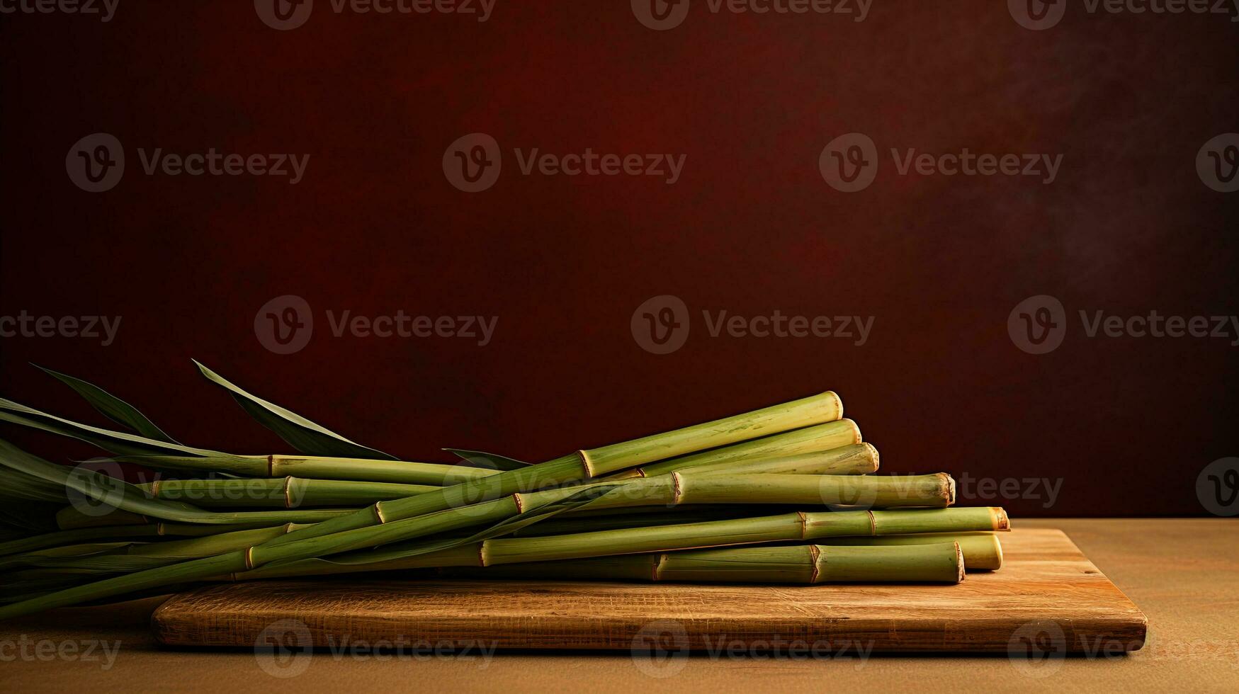 Photo of Sugarcane on a minimalist table. Generative AI