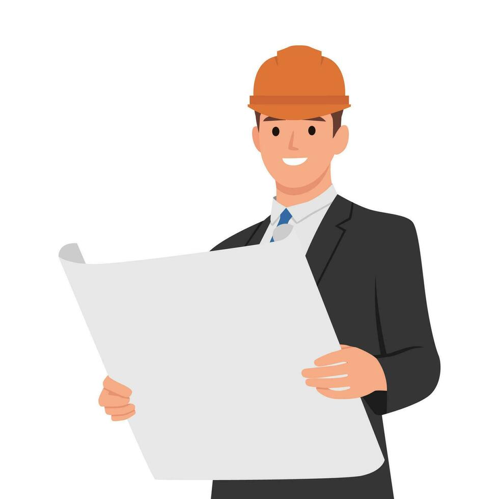 Young businessman engineer developer holding blueprint. vector