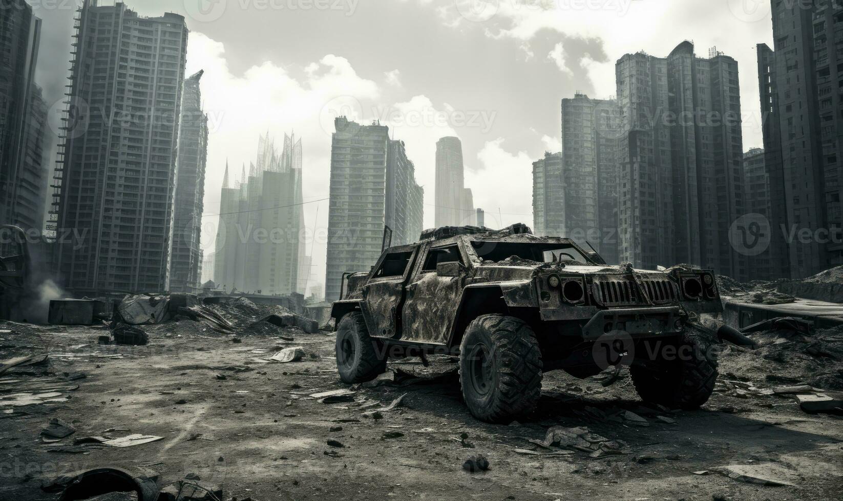 Burnt-out military vehicle. AI generative. photo
