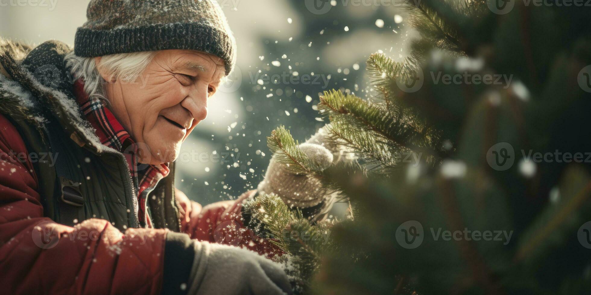 Elderly man selecting a perfect Christmas tree. AI generative. photo