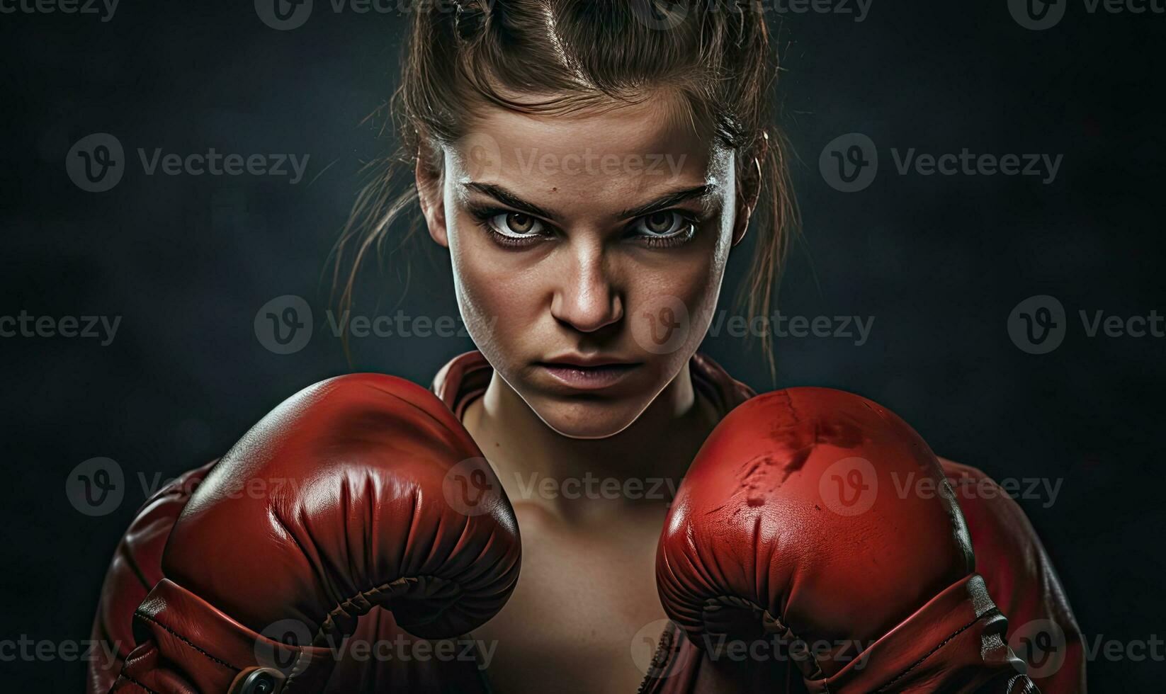 Powerful stance of a woman boxer. AI generative. photo