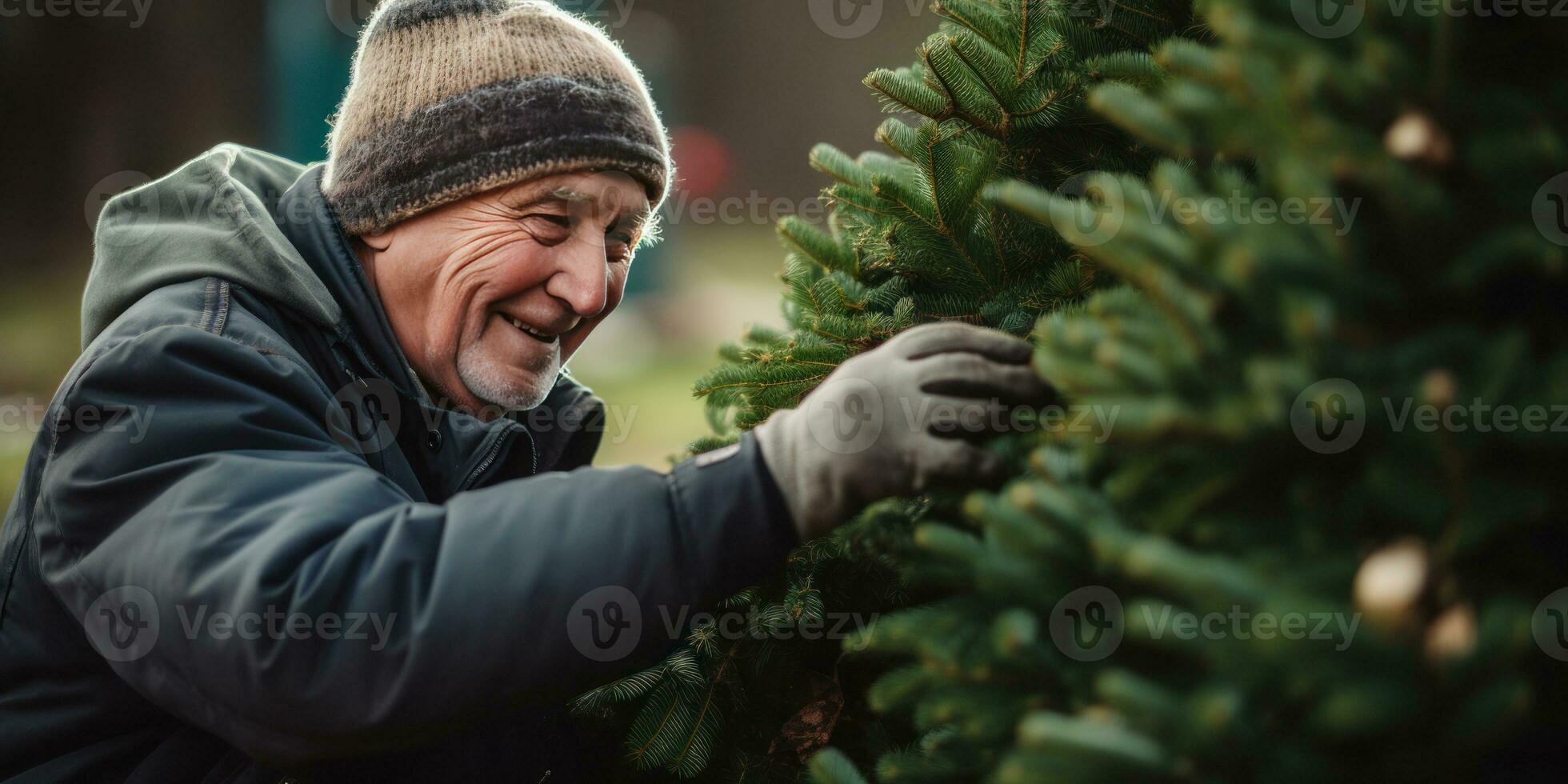Elderly man selecting a perfect Christmas tree. AI generative. photo
