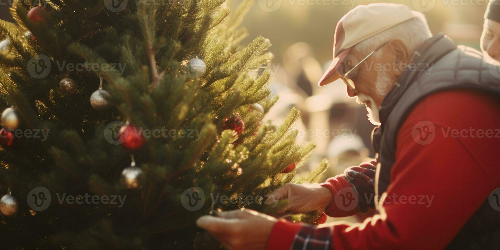 Elderly man selecting a perfect Christmas tree. AI generative. photo