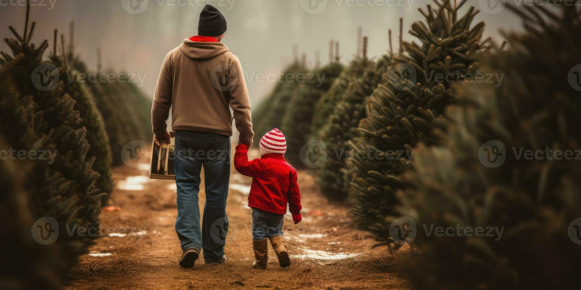 Heartwarming scene of father and son holding hands at a Christmas tree farm. AI generative. photo