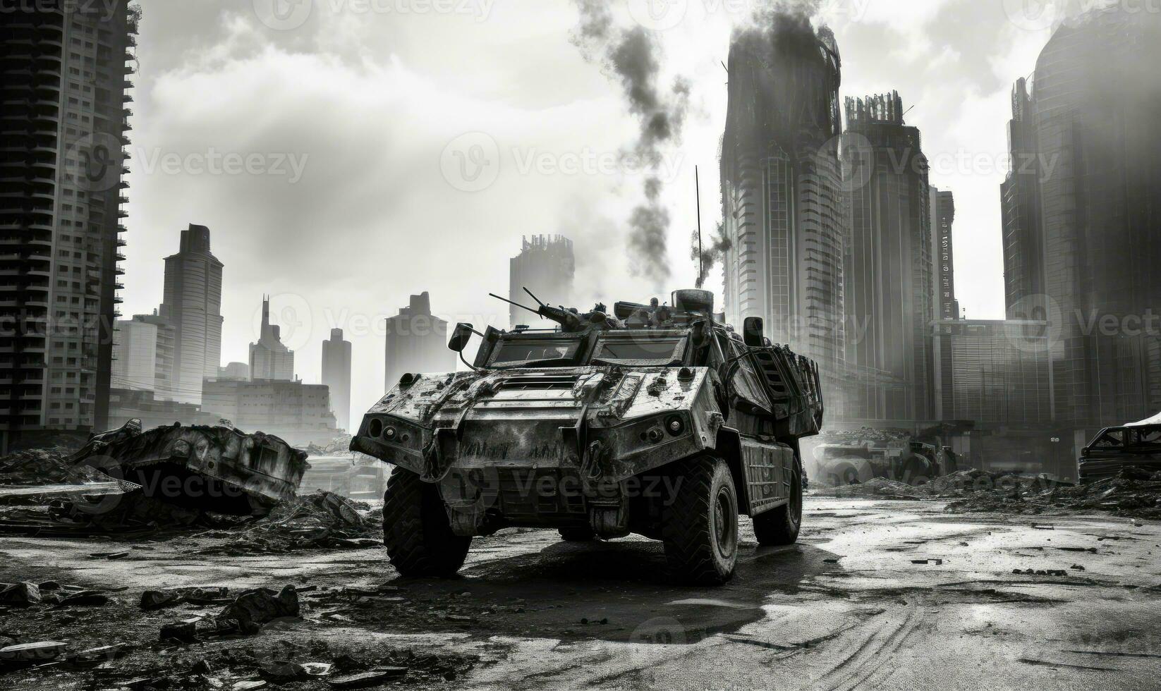 Burnt-out military vehicle. AI generative. photo