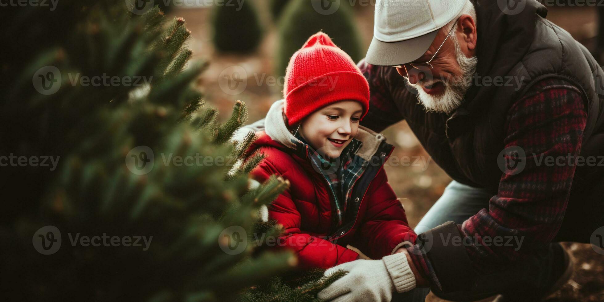 Grandpa and grandson picking out a Christmas tree. AI generative. photo