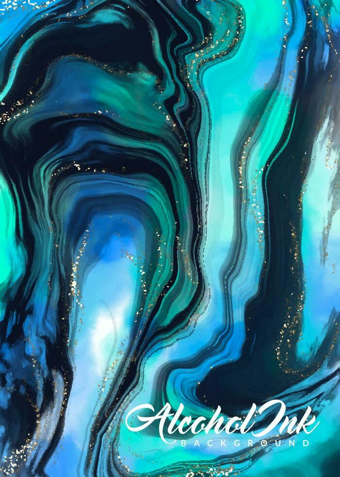 Alcohol ink watercolor background. Aesthetic dark blue marble painting with glitters and the golden liquid. Beautiful abstract hand-drawn suitable for wedding invitation backgrounds vector