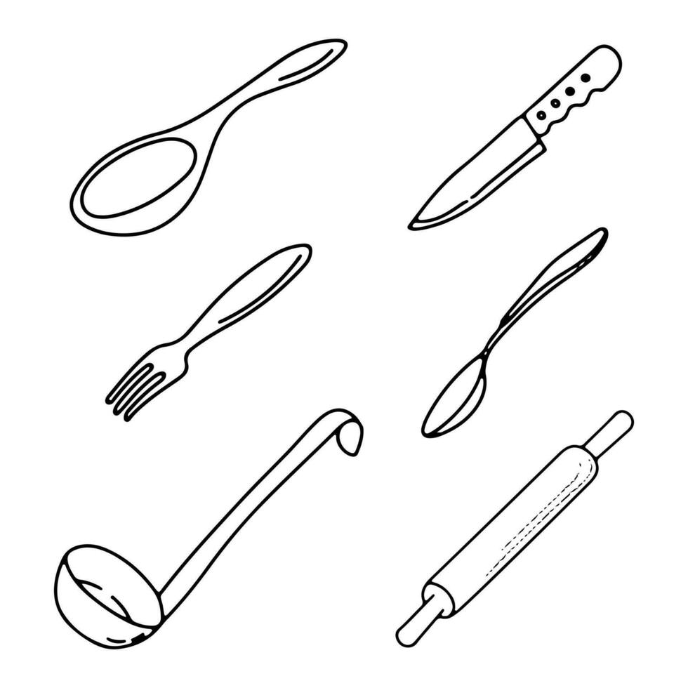 Sketch image of knife, rolling pin, fork, spoon, ladle, rolling pin. Doodles of kitchenware, kitchen utensils vector
