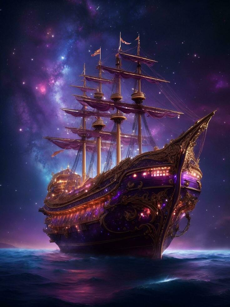 Big boat with galaxy sky background, AI generated photo