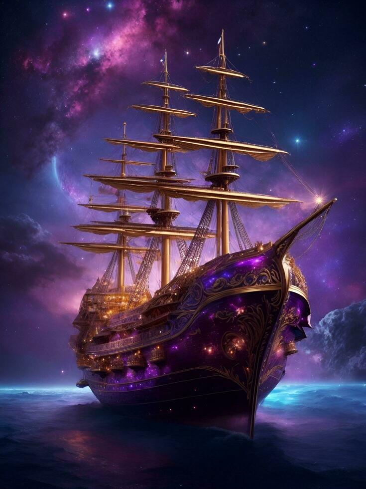 Big boat with galaxy sky background, AI generated photo