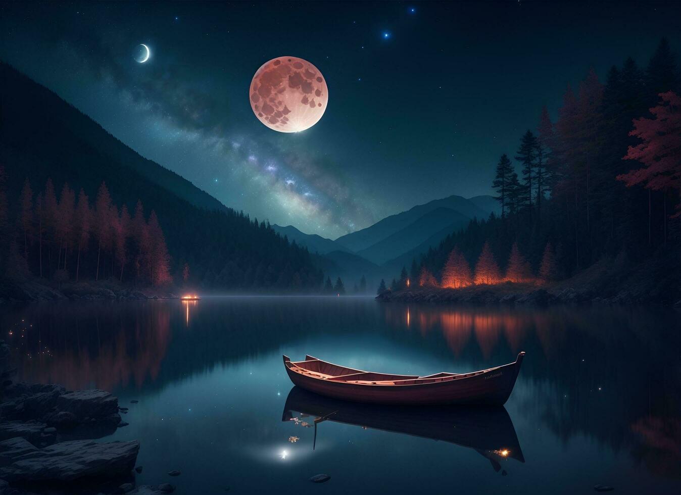 wooden boat on the lake at night, AI generated. photo